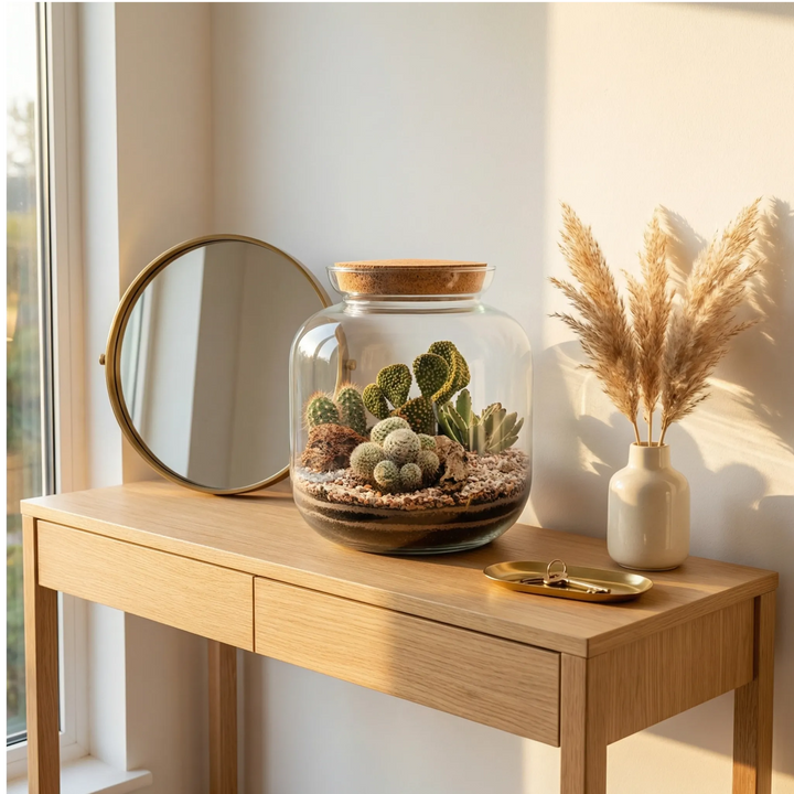 Terrarium Irene vetro sughero piante grasse su console rovere chiaro ingresso. Specchio ottone pampas vassoio chiavi. Golden hour accogliente.