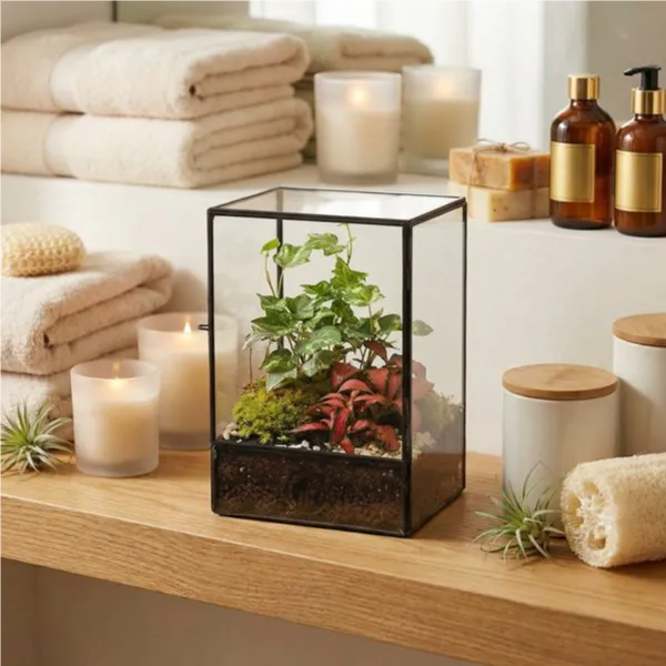 Terrarium rettangolare mensola bagno spa con candele asciugamani saponi naturali