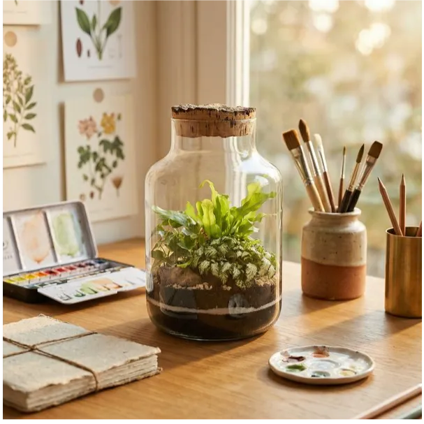 Terrarium Zefira con piante verdi - vaso su scrivania con accessori per l'arte e luce naturale