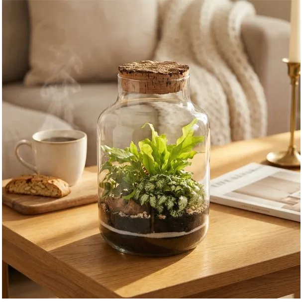 Terrarium Zefira con piante verdi da interno - vaso decorativo su tavolino da caffè in ambiente moderno
