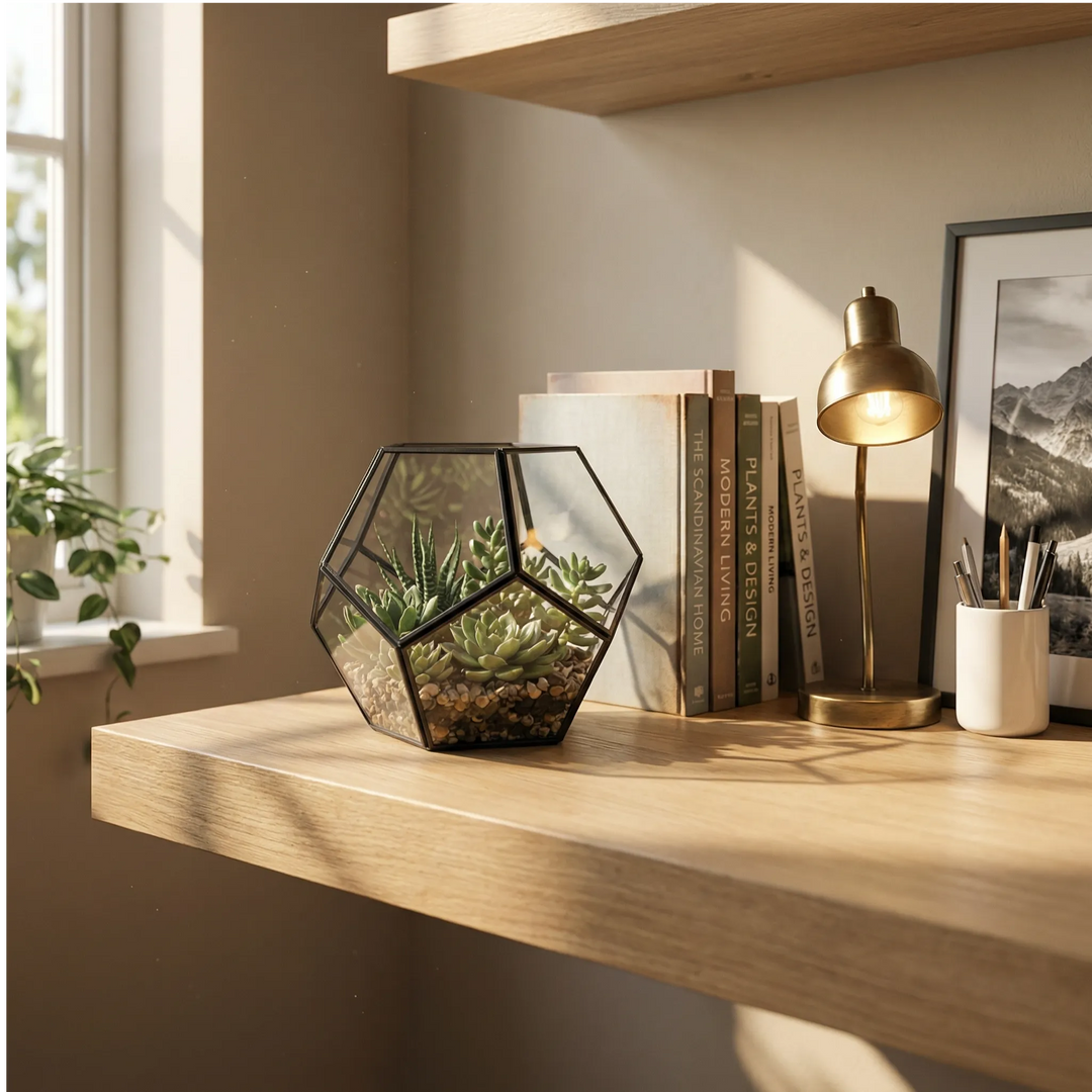 Terrarium Zoe esagonale top aperto mostra Crassula Jade Haworthia zebrata succulenta rosetta. Metallo nero vetro. Cura facile accesso pratico.
