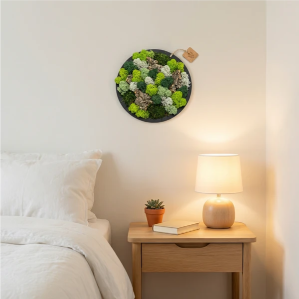 Quadro muschio stabilizzato prezzo - quadro tondo nero su scaffale in ambiente domestico elegante
