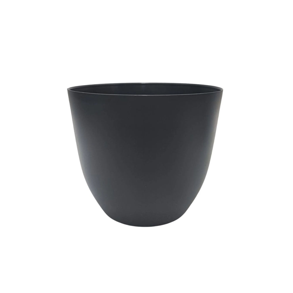 Vaso moderno tondo in plastica antracite opaco, perfetto per valorizzare piante tropicali da appartamento