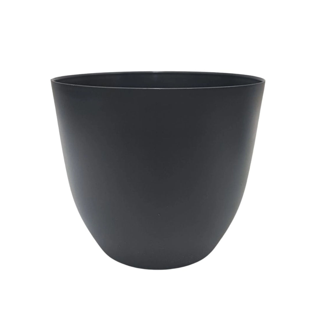 Vaso nero opaco rotondo in plastica, dal look elegante e contemporaneo per piante decorative da interno